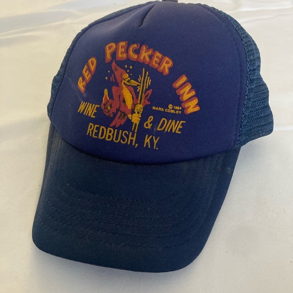 Red Pecker Inn Wine And Dine Redbush KY Hat Cap Navy Snapback Vintage 80s - Picture 1 of 5